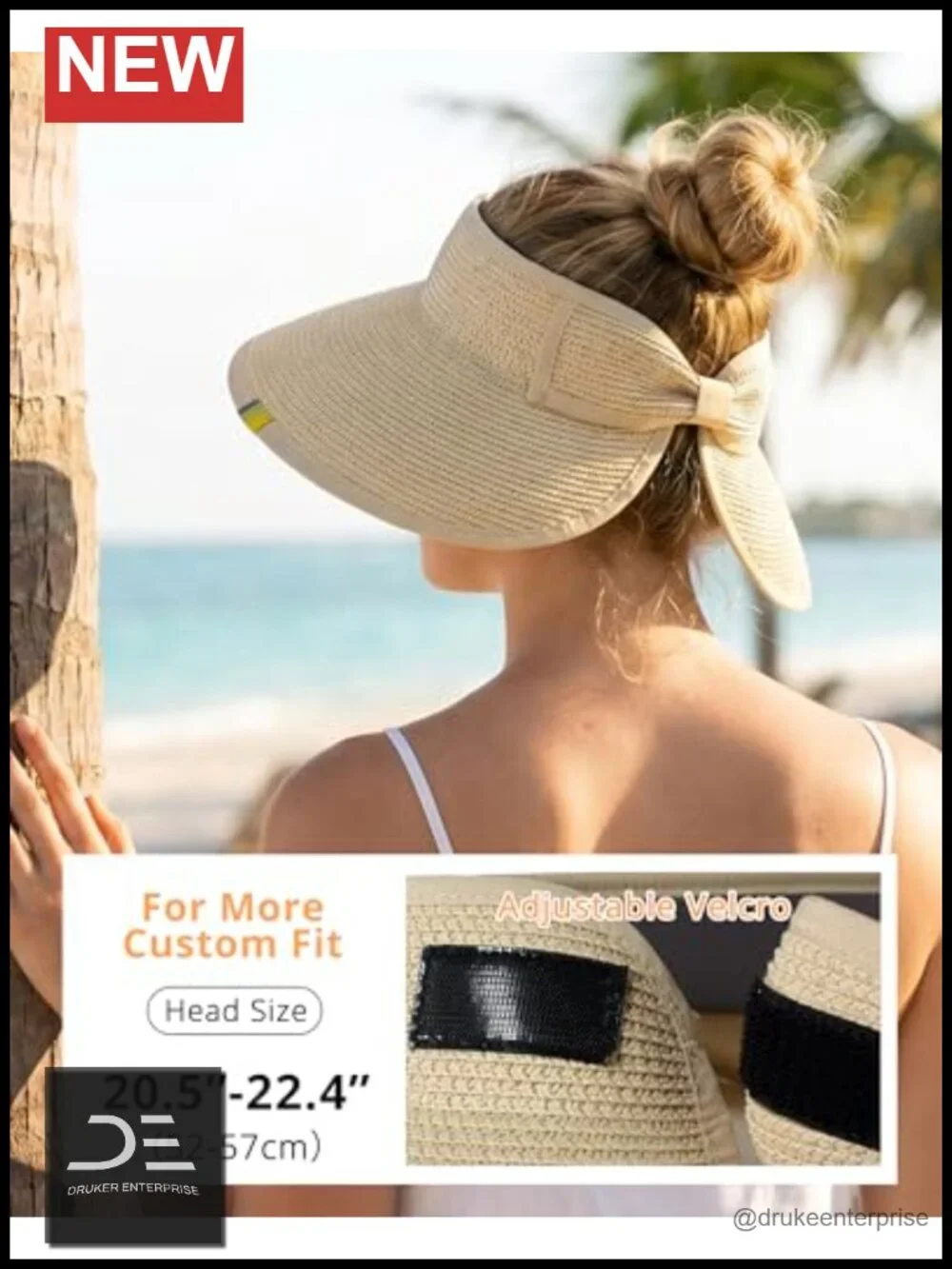 UPF50 Sun Hat Wide Brim Straw Visor Ponytail-Friendly Packable Beach Hat